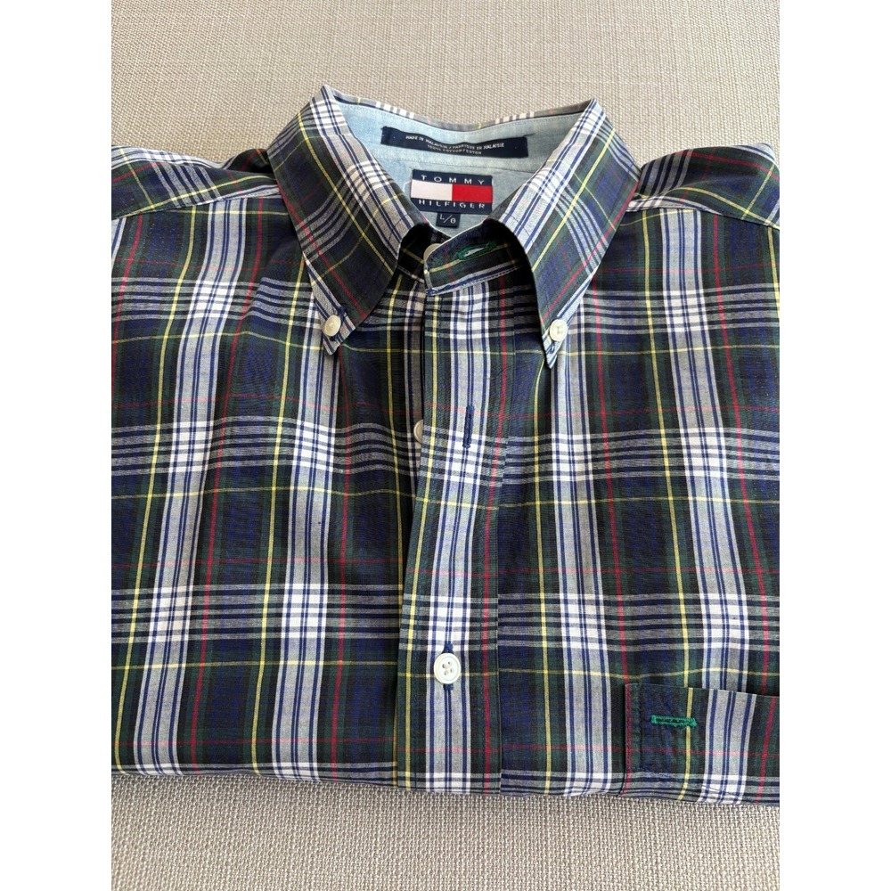 Vintage Tommy Hilfiger Crest Logo Plaid Button Down Preppy 90's Size L